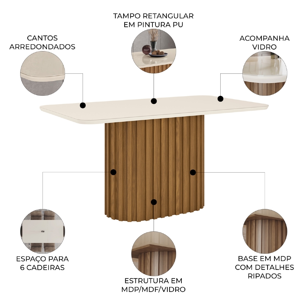 Mesa de Jantar 6 Lugares 160cm Com Vidro Clarice Nature/Off H02 - Mpozenato