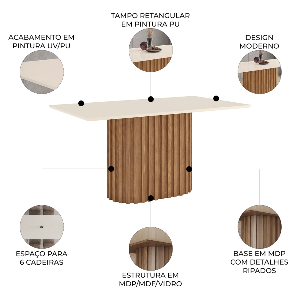Mesa de Jantar 6 Lugares 160cm Clarice Nature/Off H02 - Mpozenato