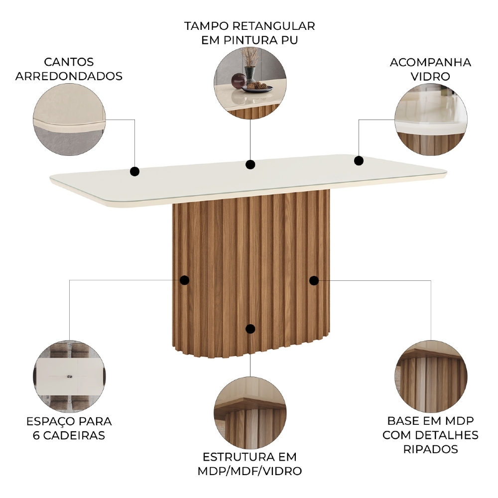 Mesa de Jantar 6 Lugares 180cm Com Vidro Clarice Nature/Off H02 - Mpozenato