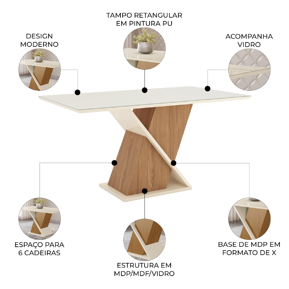 Mesa de Jantar 6 Lugares 160cm Vidro Canto Reto Valena Nature/Off H02 - Mpozenato