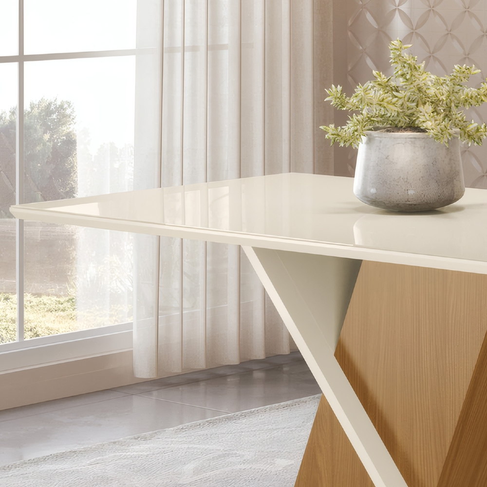 Mesa de Jantar 6 Lugares 160cm Vidro Canto Reto Valena Nature/Off H02 - Mpozenato