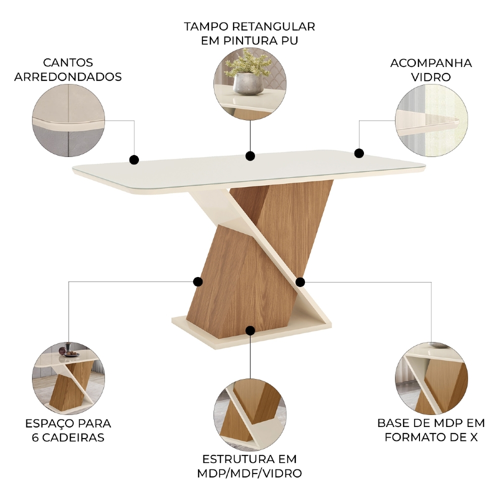 Mesa de Jantar 6 Lugares 160cm Com Vidro Valena Nature/Off H02 - Mpozenato