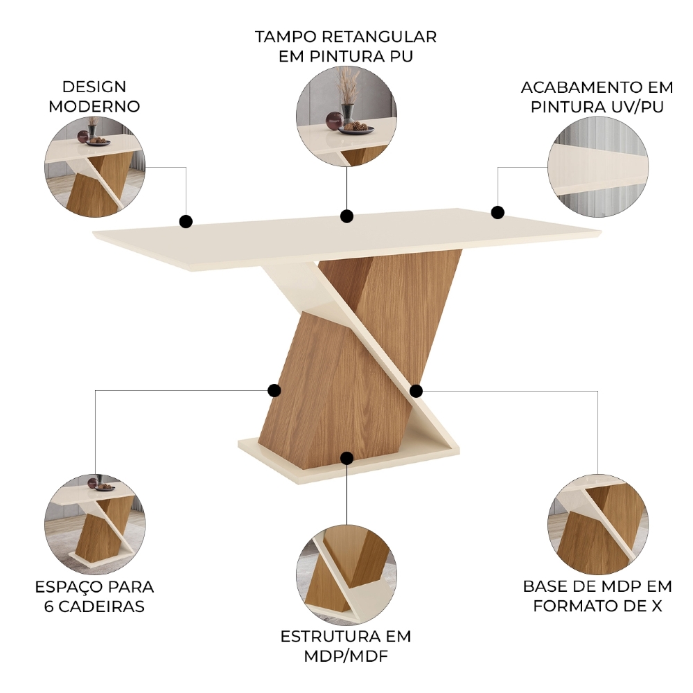 Mesa de Jantar 6 Lugares 160cm Valena Nature/Off H02 - Mpozenato