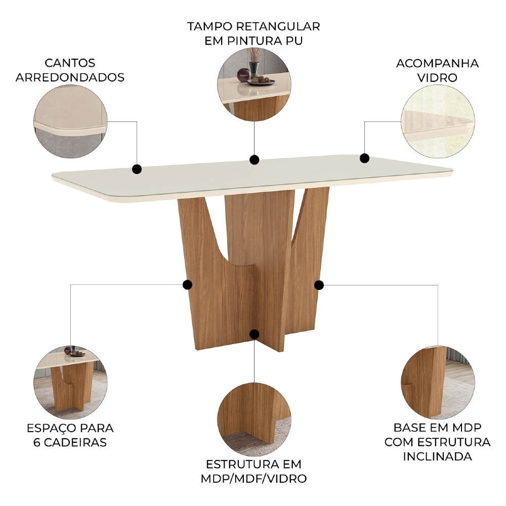 Mesa de Jantar 6 Lugares 180cm Com Vidro Liven Nature/Off H02 - Mpozenato