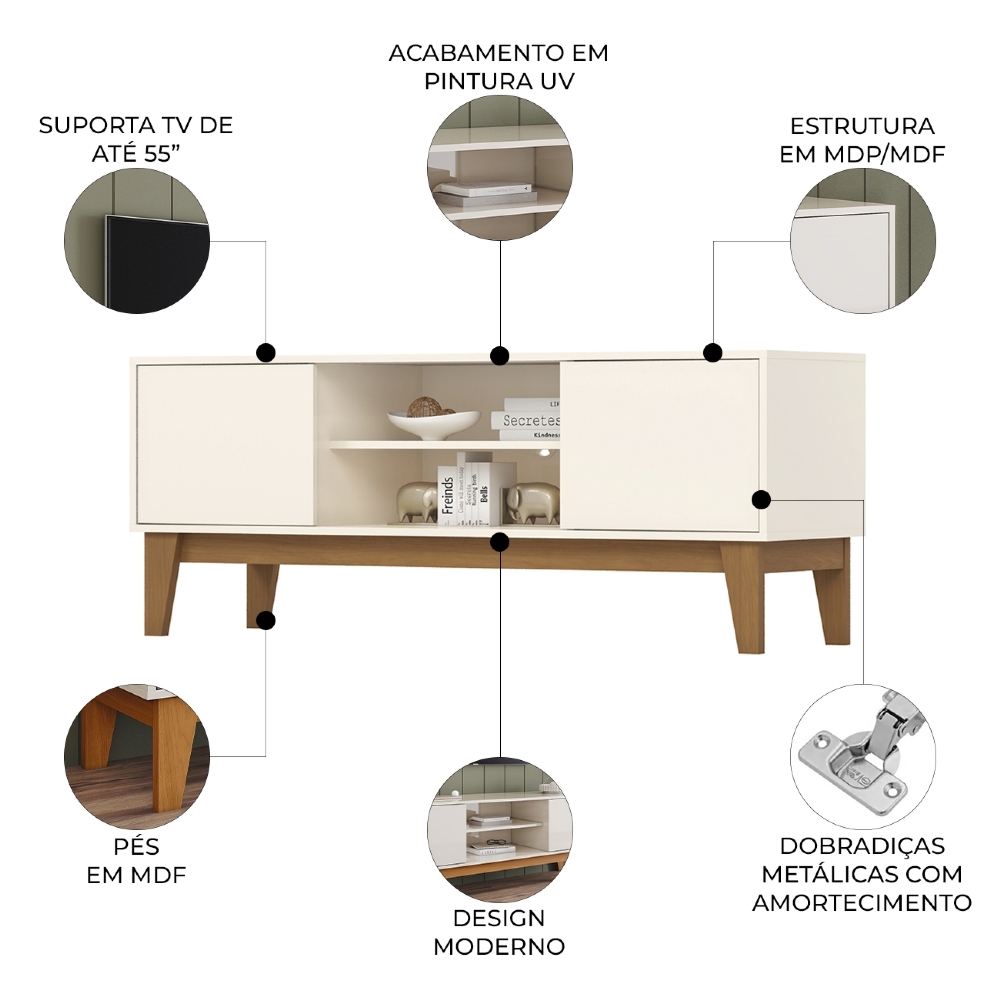 Rack TV 55 Pol 140cm 2 Portas Cael Off/Cinamomo H02 - Mpozenato