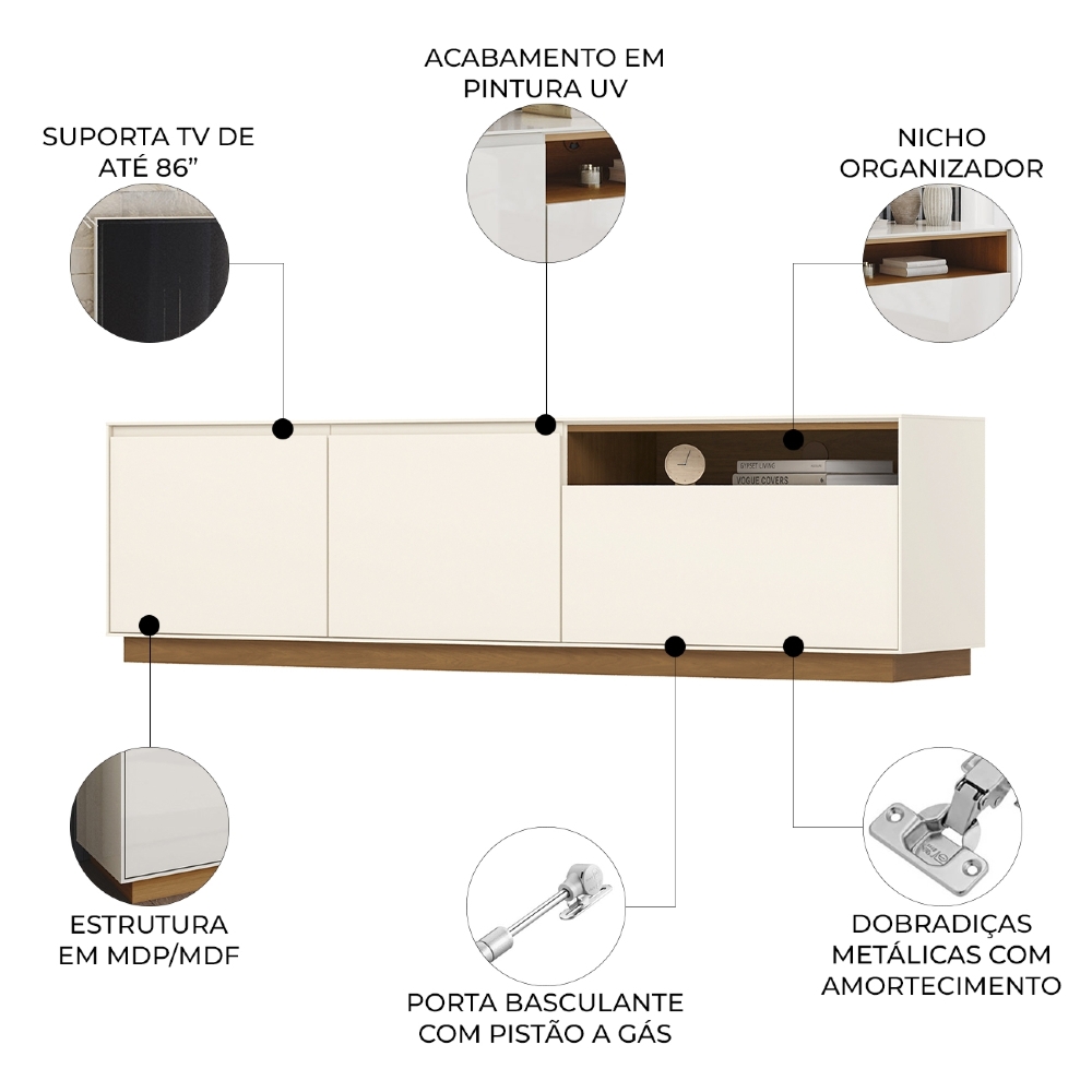 Rack TV 86 Pol 200cm 3 Portas Elvar Off/Cinamomo H02 - Mpozenato