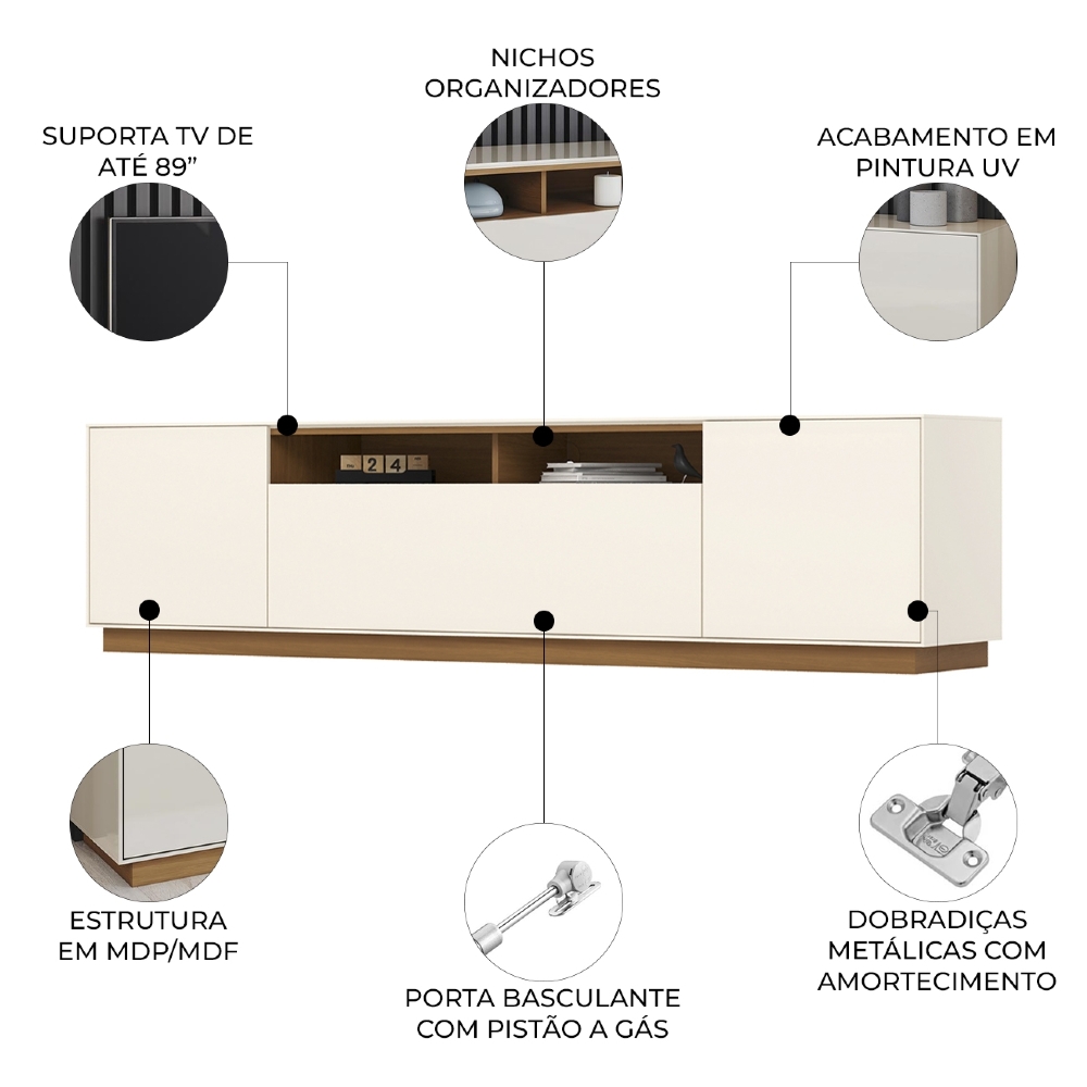 Rack TV 89 Pol 220cm 3 Portas Celen Off/Cinamomo H02 - Mpozenato