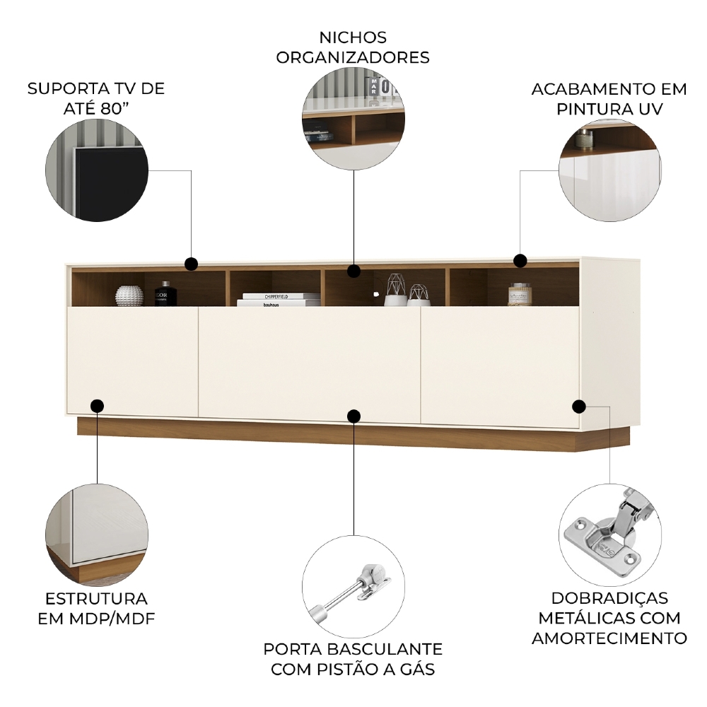 Rack TV 80 Pol 180cm 3 Portas Lenox Off/Cinamomo H02 - Mpozenato