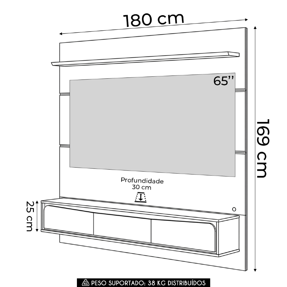 Painel TV 65 Pol Bancada Suspensa 180cm Com LED Tath Off/Naturale C05 - Mpozenato