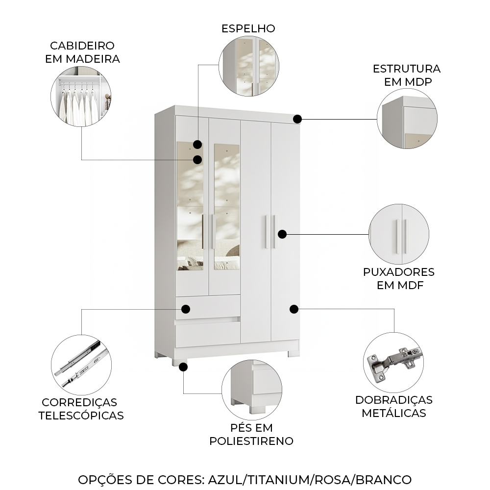 Guarda Roupa Casal 103cm  Espelho Lipion Flex Branco/Titanium/Rosa/Azul A02 - Mpozenato