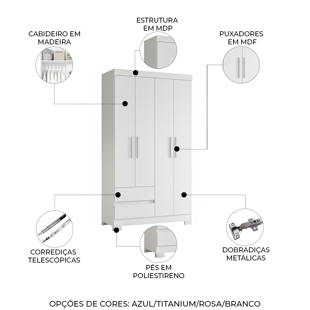 Guarda Roupa Casal 103cm 4 Portas Lipion Flex Branco/Titanium/Rosa/Azul A02 - Mpozenato