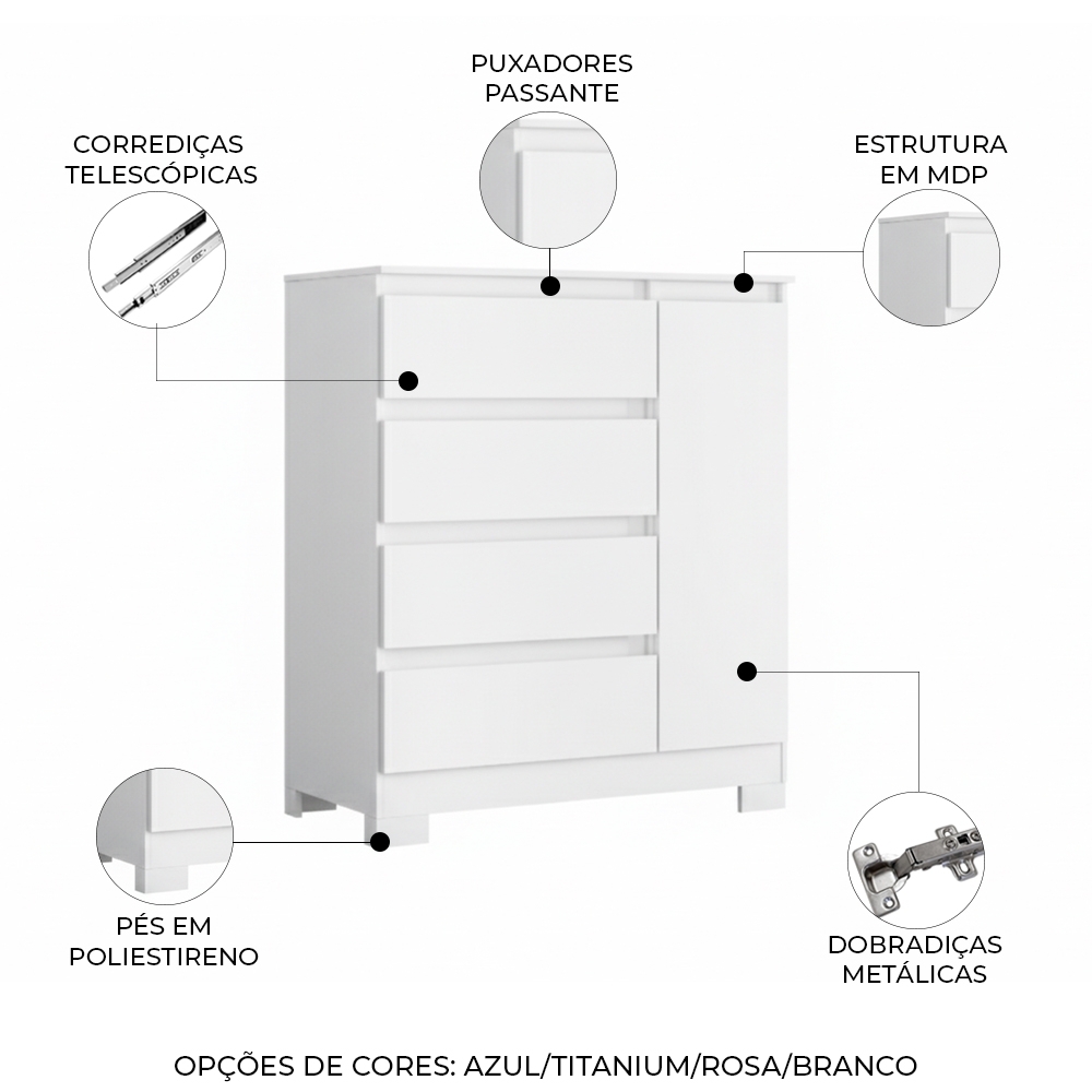 Cômoda Quarto Sapateira 84cm Lipion Flex Branco/Titanium/Rosa/Azul A02 - Mpozenato