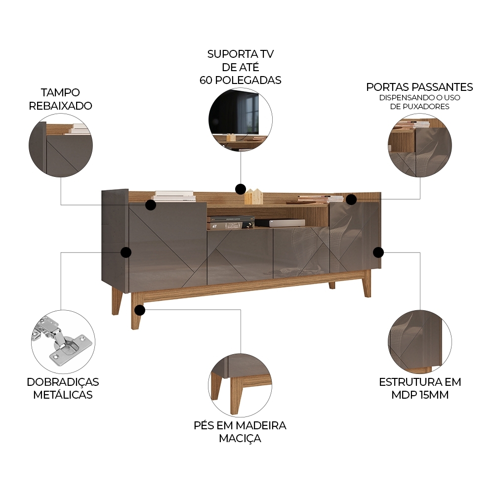 Rack Bancada TV 60 Pol 158cm Pé Madeira Margot Cinza/Cedro C14 - Mpozenato