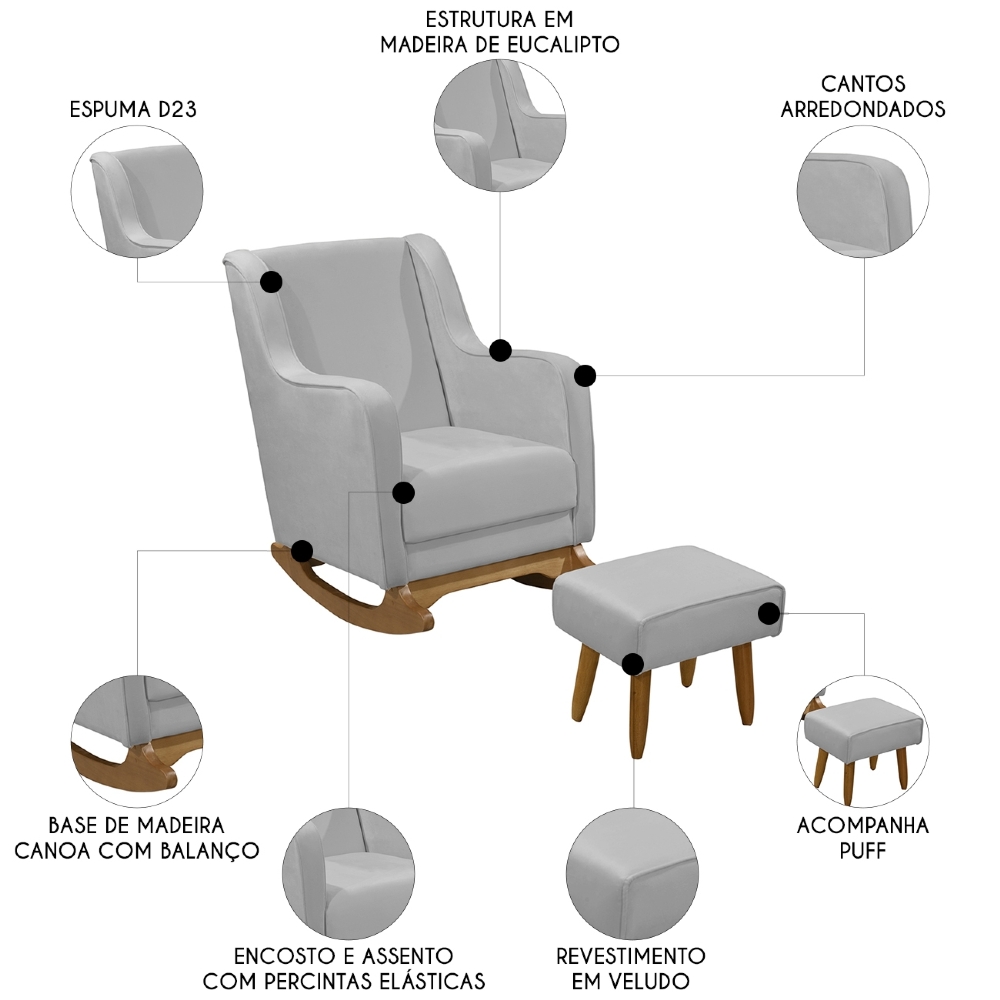 Poltrona Amamentação Base Balanço e Puff Vick Veludo Cinza F03 - Mpozenato