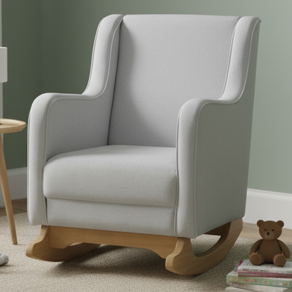 Poltrona Amamentação Base Balanço e Puff Vick Veludo Cinza F03 - Mpozenato