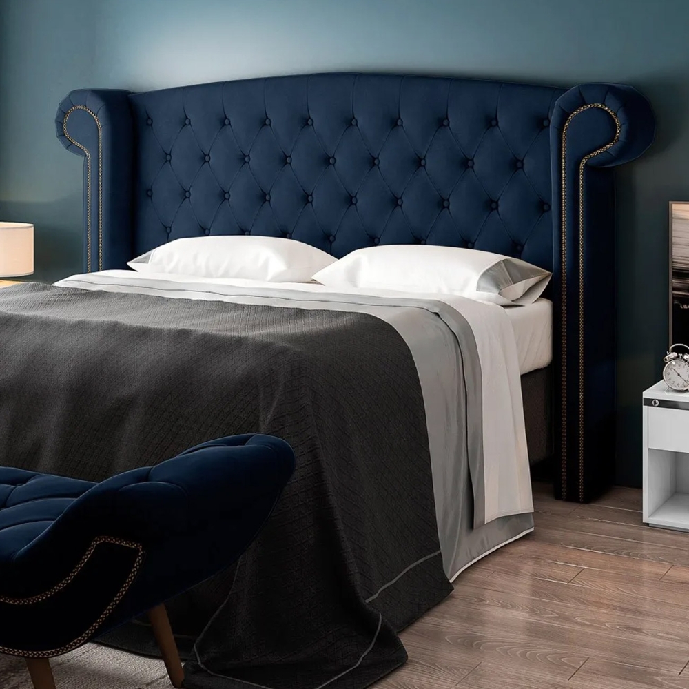 Cabeceira Cama Box Casal King 195cm Provença com Calçadeira Vêneto Z37 Veludo Azul Marinho - Mpozenato