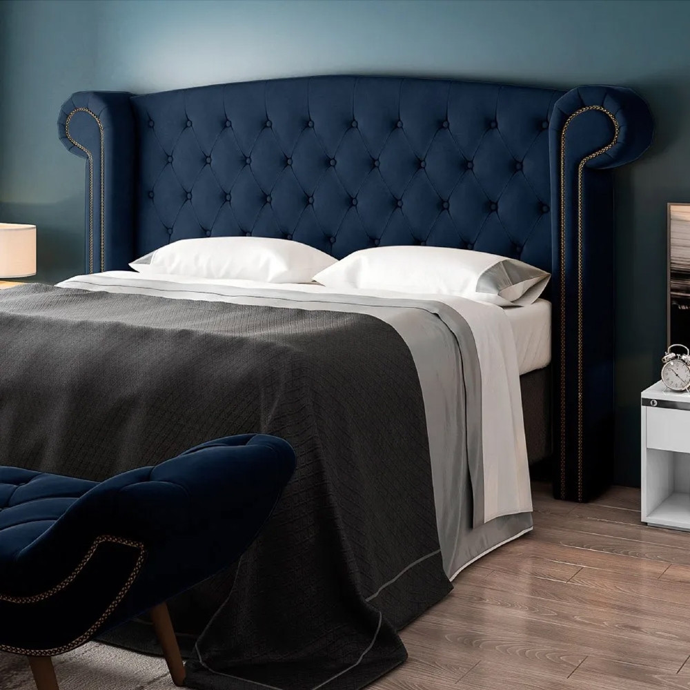 Cabeceira Cama Box Casal Queen 160cm Provença com Calçadeira Vêneto Z37 Veludo Azul Marinho - Mpozenato