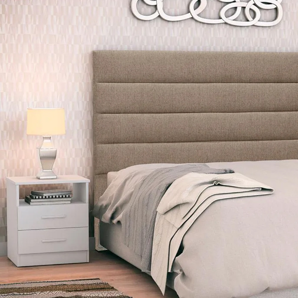 Cabeceira Cama Box Casal Queen 160cm Greta Linho Areia e 2 Mesas de Cabeceira Flex Branco - Mpozenato