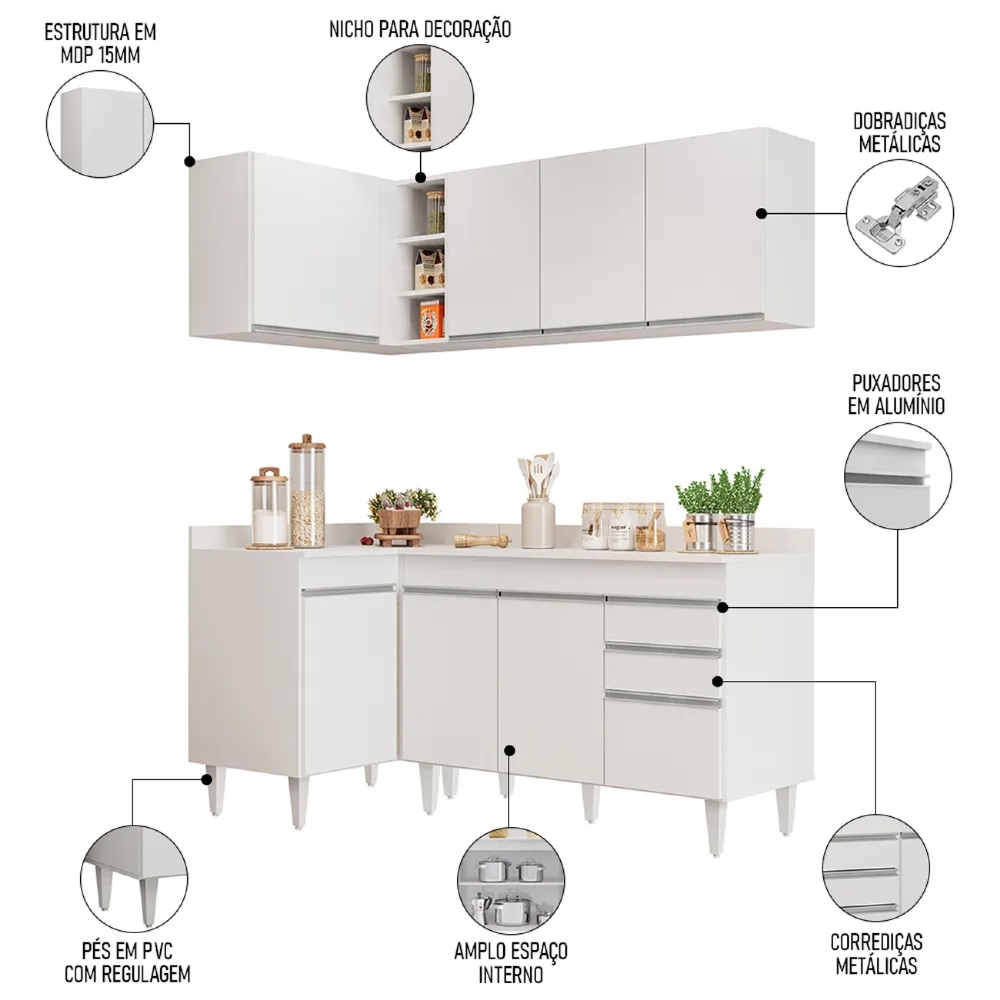 Armário de Cozinha Modulado de Canto Direito 4 Peças CP38 Balcão com Tampo Branco - Lumil