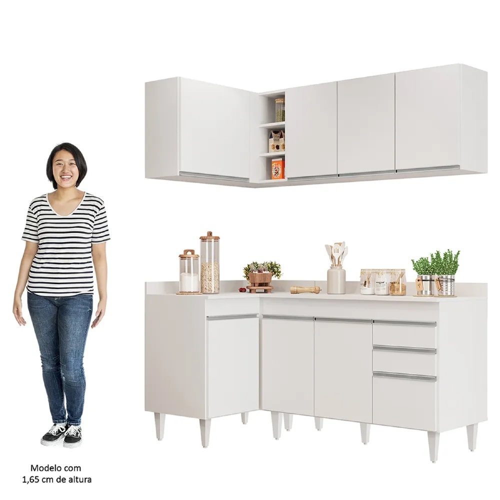 Armário de Cozinha Modulado de Canto Direito 4 Peças CP38 Balcão com Tampo Branco - Lumil