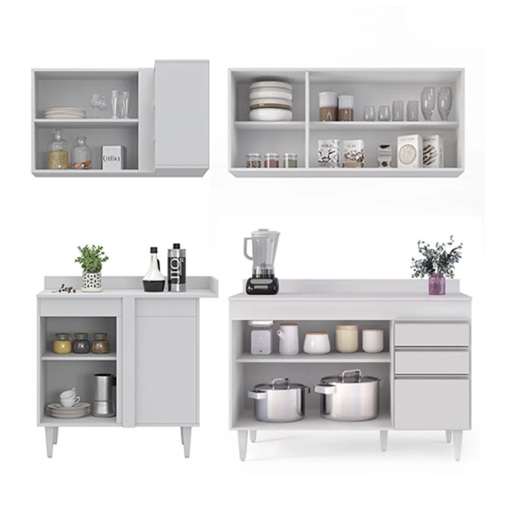 Armário de Cozinha Modulado de Canto Direito 4 Peças CP38 Balcão com Tampo Branco - Lumil
