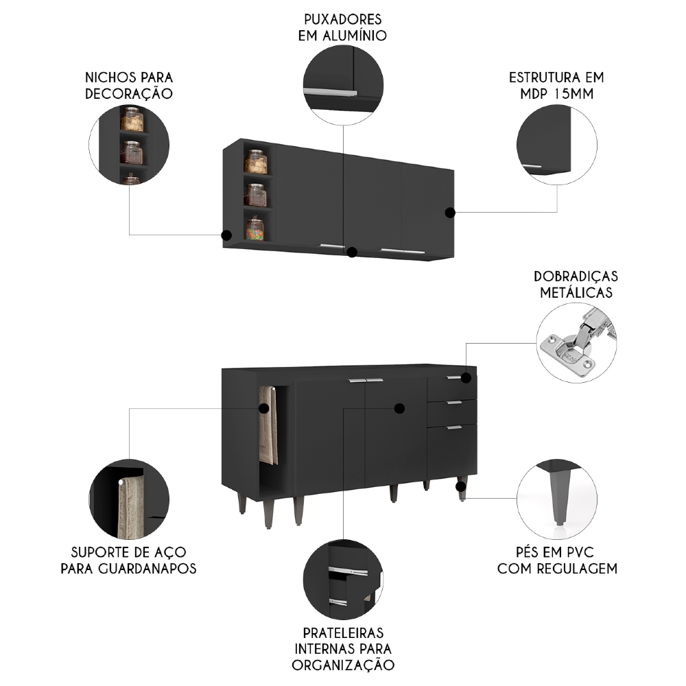 Armário de Cozinha CP08 Para Pia 140cm Pérola Z34 Preto     - Mpozenato