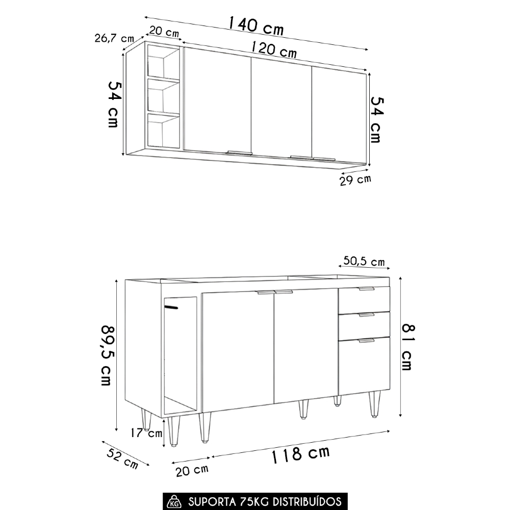 Armário de Cozinha CP08 Para Pia 140cm Pérola Z34 Preto     - Mpozenato