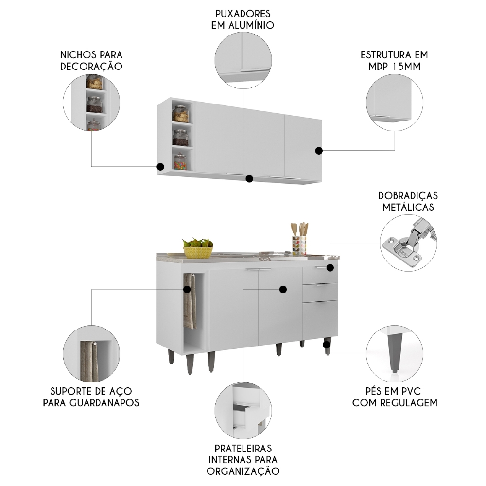 Armário de Cozinha CP08 Com Pia 140cm Pérola Z34 Branco - Mpozenato