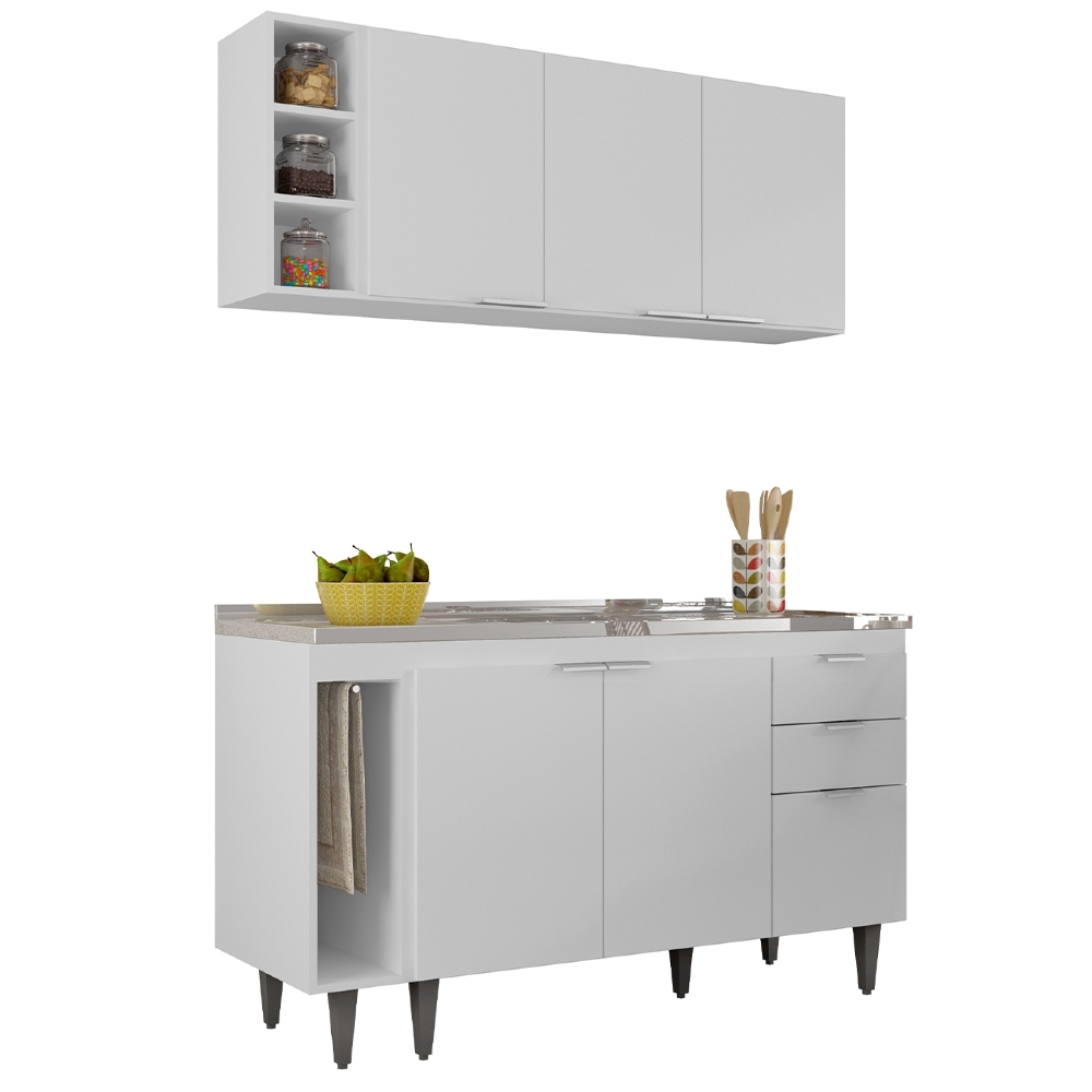 Armário de Cozinha CP08 Com Pia 140cm Pérola Z34 Branco - Mpozenato