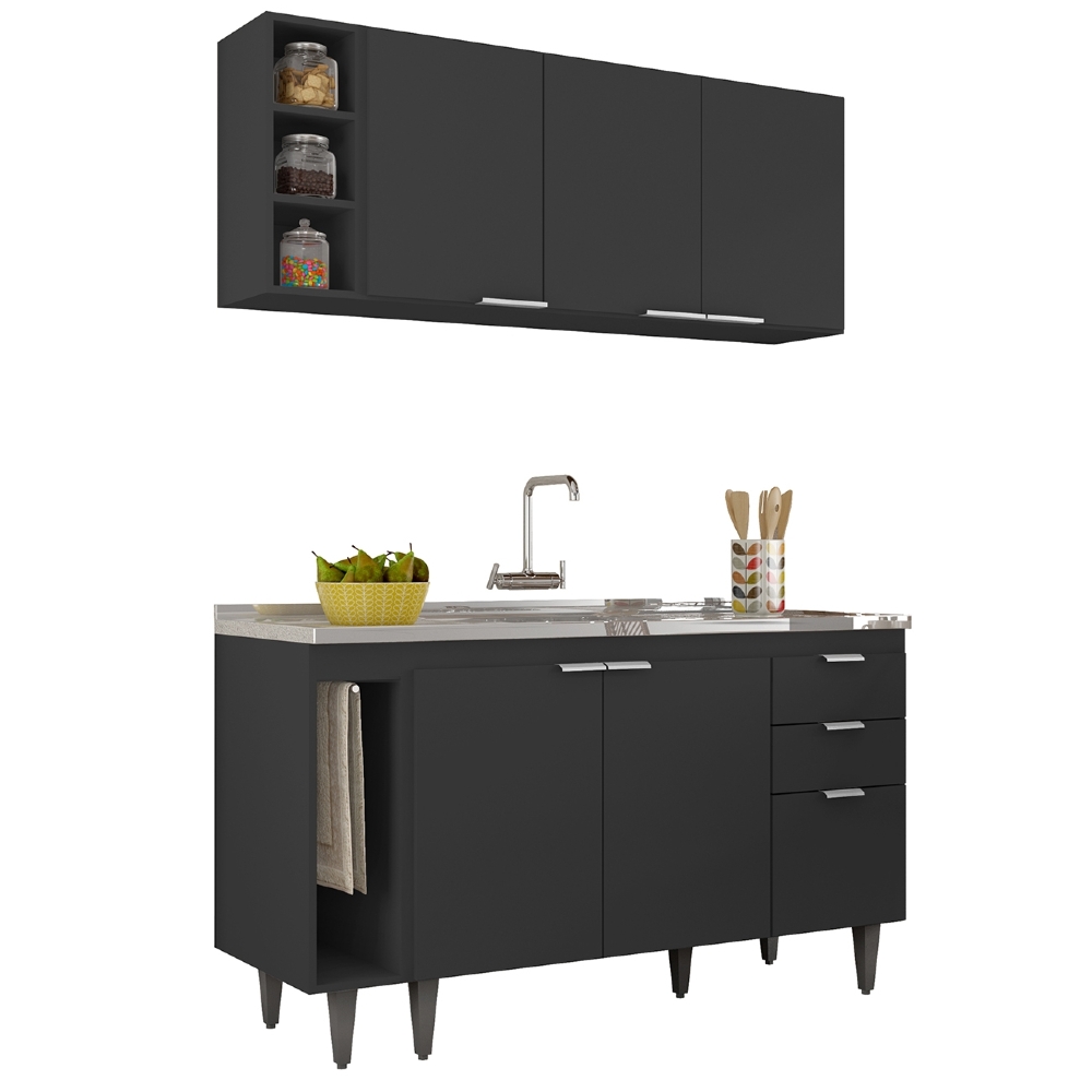 Armário de Cozinha CP08 Com Pia 140cm Pérola Z34 Preto      - Mpozenato