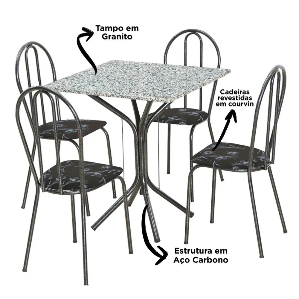 Jogo de Mesa e 04 Cadeiras Thais com Tampo Granito Craquelada/Assento Preto Flor - Artefamol