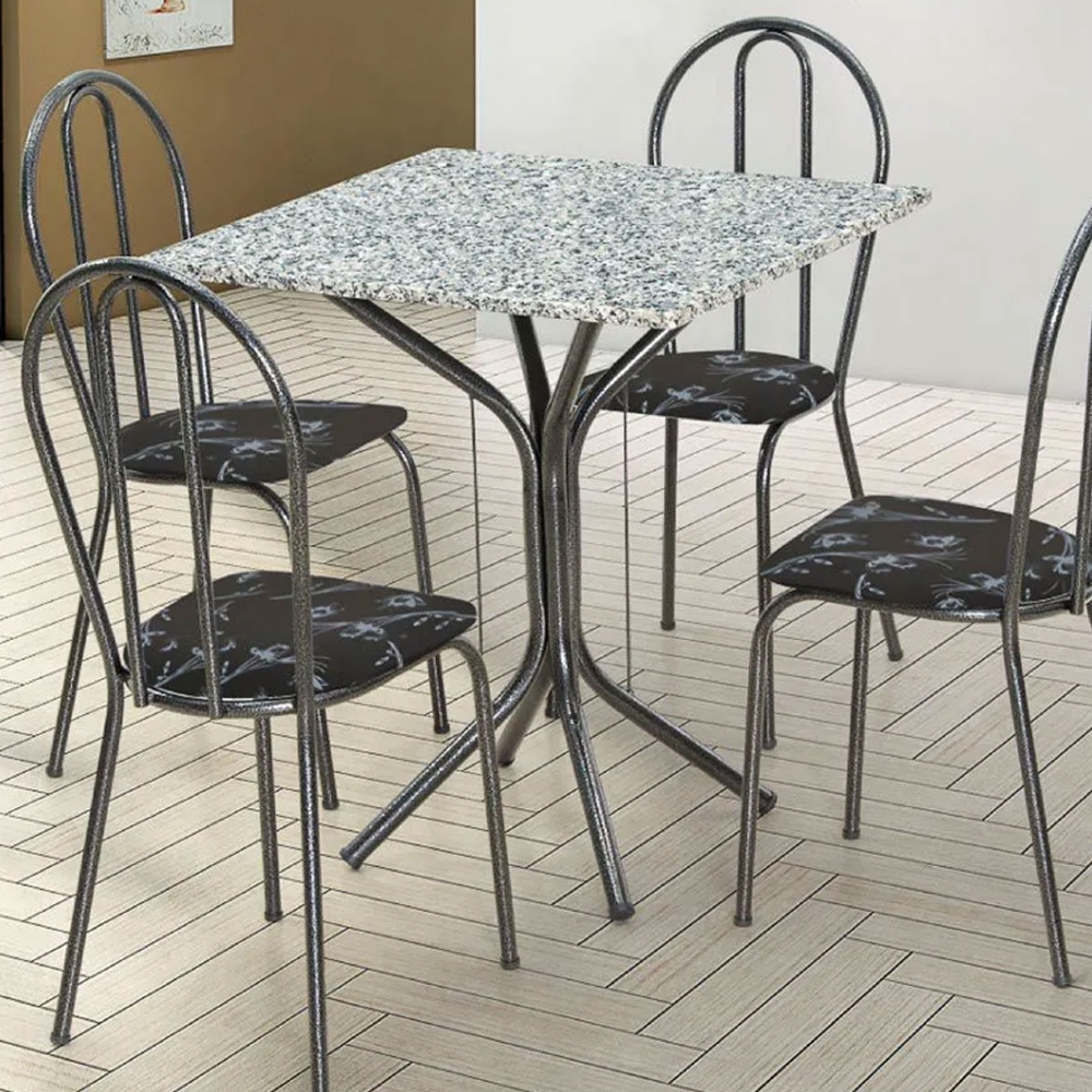 Jogo de Mesa e 04 Cadeiras Thais com Tampo Granito Craquelada/Assento Preto Flor - Artefamol