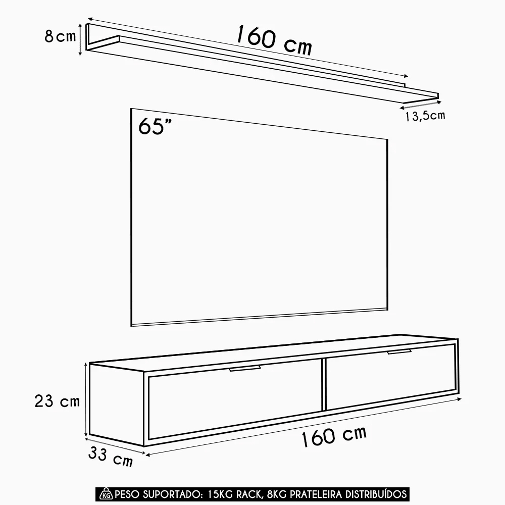 Rack TV 65 Pol. Suspenso 160cm 2 Portas Lila Off/Cinamomo Z49 - Mpozenato