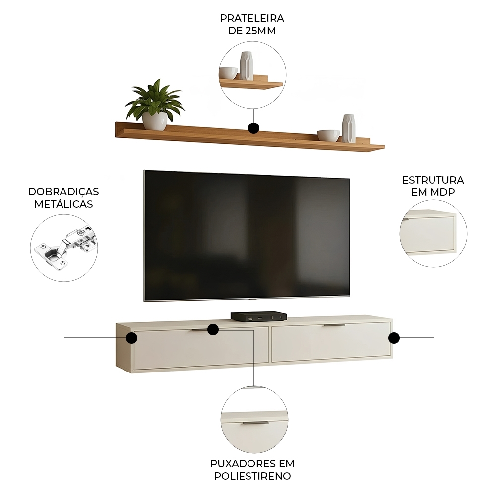 Rack TV 75 Pol. Suspenso 180cm 2 Portas Lila Off/Cinamomo Z49 - Mpozenato