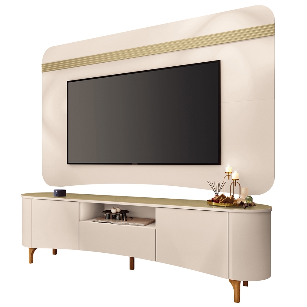 Painel TV 80 Pol 200cm Arven e Rack Sala Yang Off White/Champanhe H01 - Mpozenato