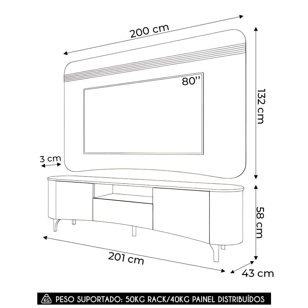 Painel TV 80 Pol 200cm Arven e Rack Sala Yang Off White/Champanhe H01 - Mpozenato