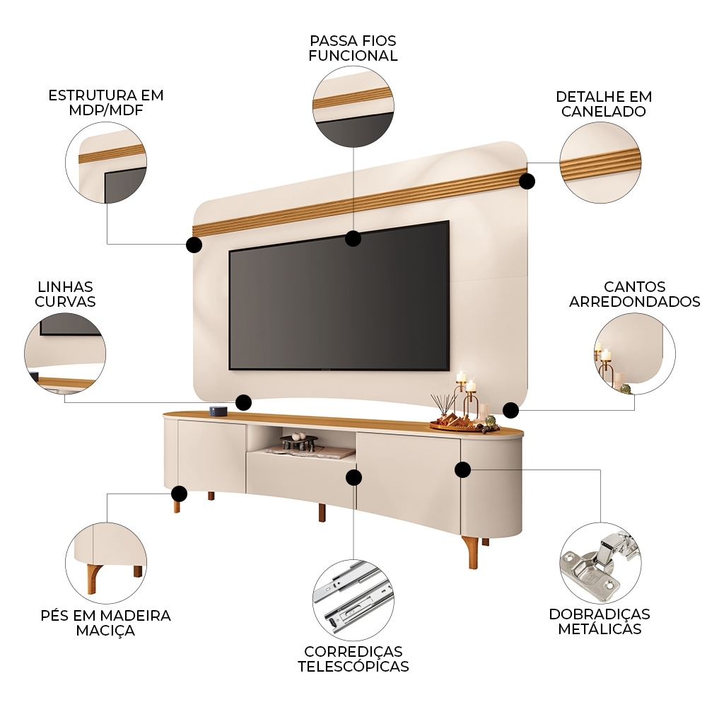 Painel TV 80 Pol 200cm Arven e Rack Sala Yang Off White/Cinamomo H01 - Mpozenato