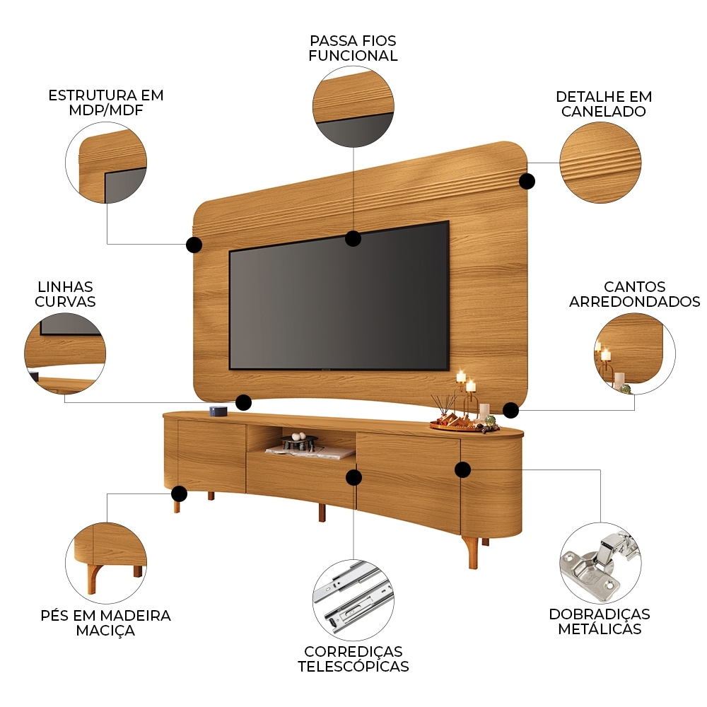 Painel TV 80 Pol 200cm Arven e Rack Sala Yang Cinamomo H01 - Mpozenato