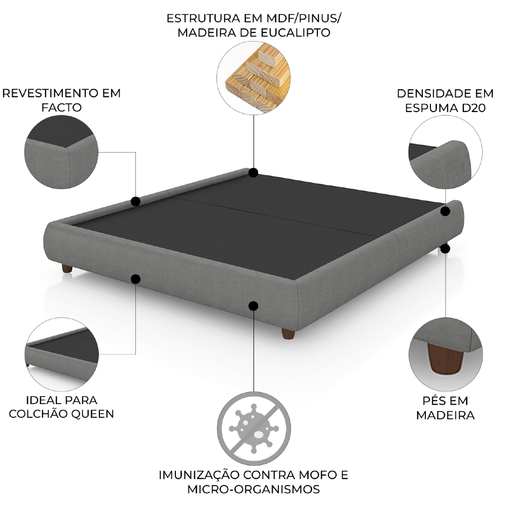 Cama Queen Base Box 160cm Cairo Facto Cinza Z37 - Mpozenato