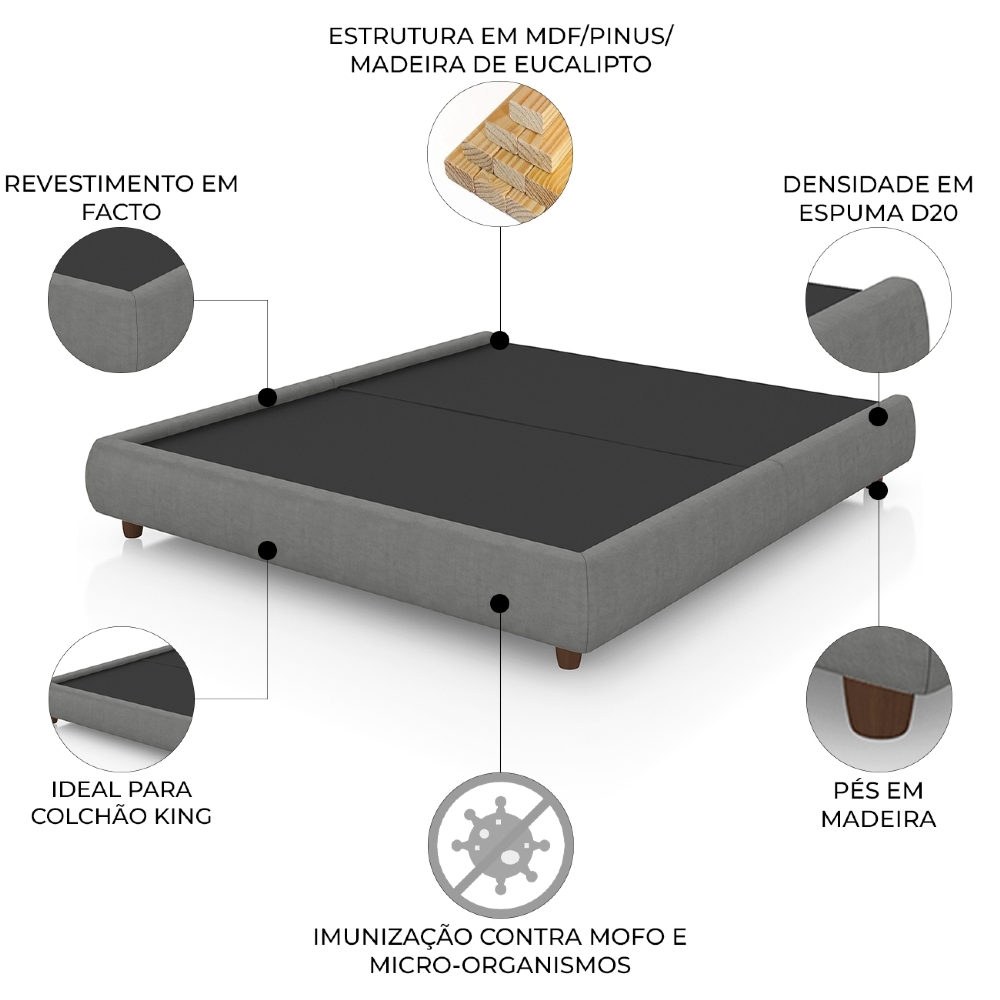 Cama King Base Box 195cm Cairo Facto Cinza Z37 - Mpozenato
