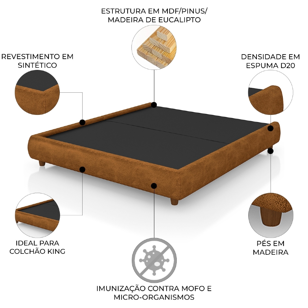 Cama King Base Box 195cm Cairo Sintético Caramelo Z37 - Mpozenato