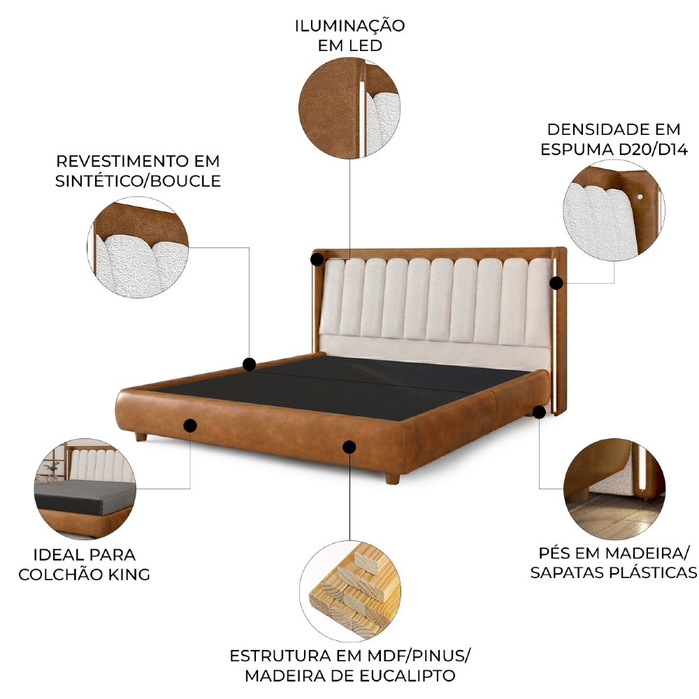 Cama King 195cm Cairo e Cabeceira Luara Sintético Caramelo/Creme Z37 - Mpozenato