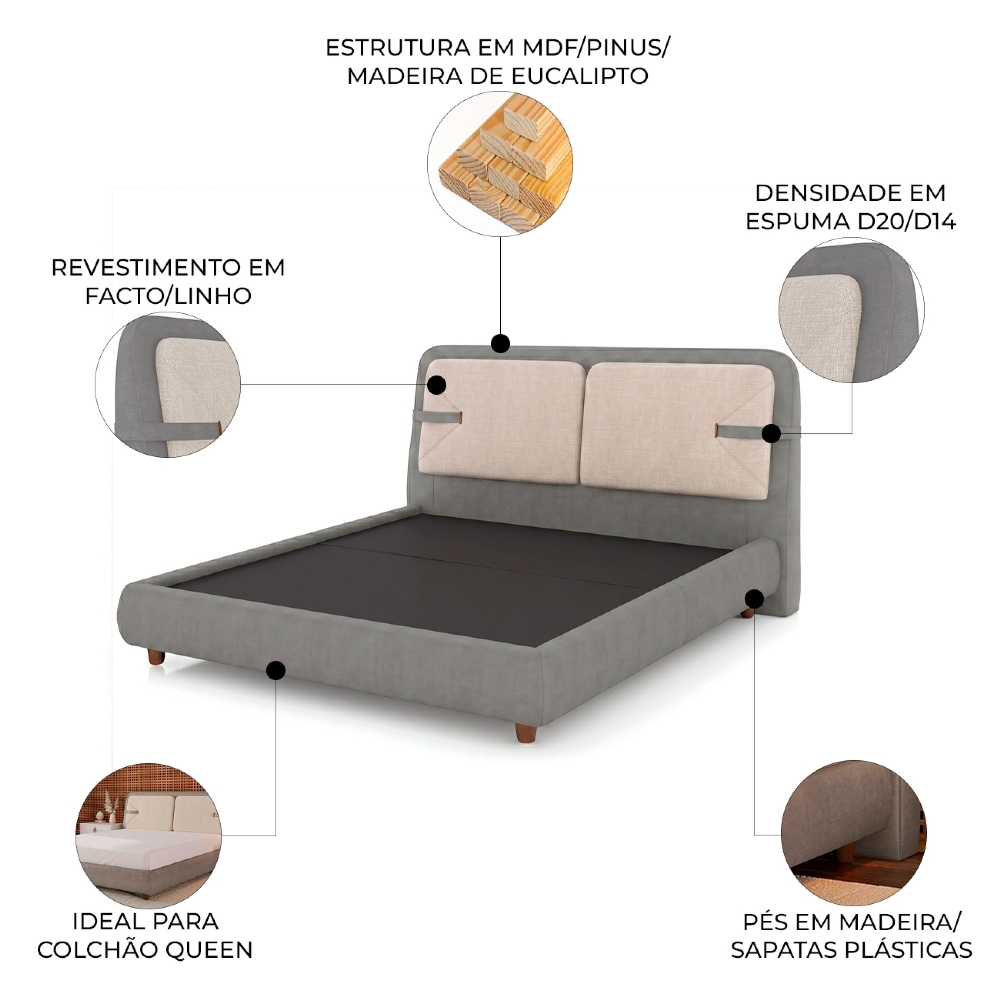 Cama Queen 160cm Cairo e Cabeceira Nalu Facto Cinza/Off Z37 - Mpozenato