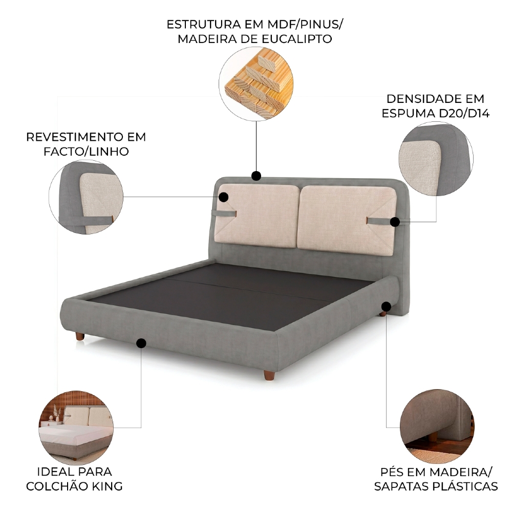 Cama King 195cm Cairo e Cabeceira Nalu Facto Cinza/Off Z37 - Mpozenato