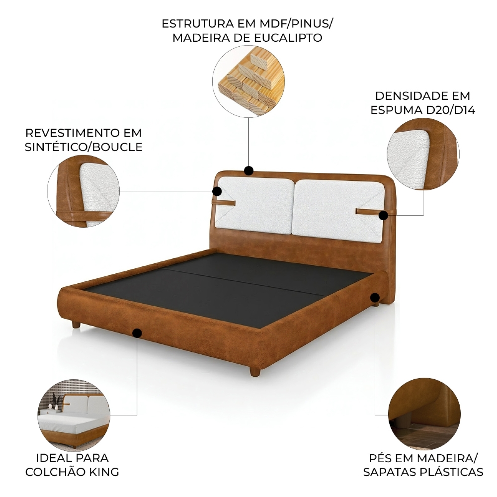Cama King 195cm Cairo e Cabeceira Nalu Sintético Caramelo/Creme Z37 - Mpozenato