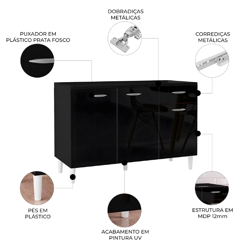 Balcão Gabinete de Pia para Cozinha 120cm 3 Portas Classic Z46 Preto - Mpozenato