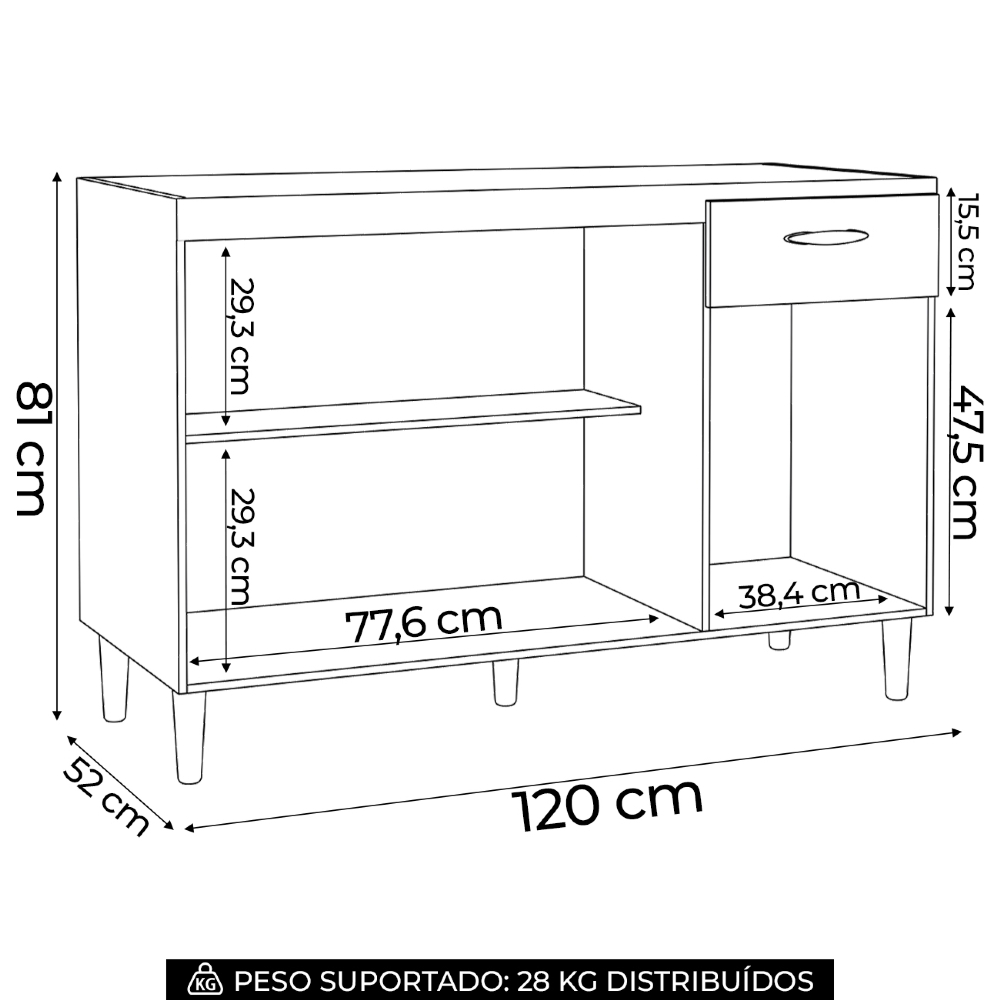 Balcão Gabinete de Pia para Cozinha 120cm 3 Portas Classic Z46 Preto - Mpozenato