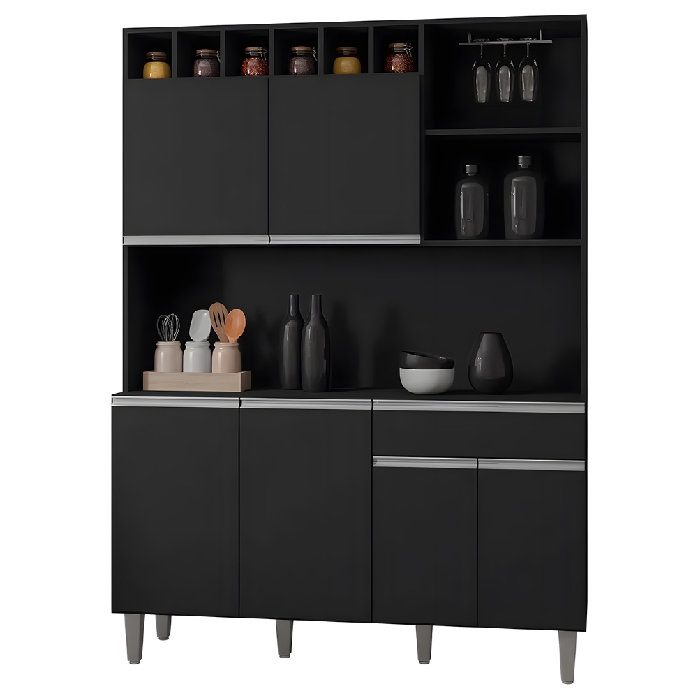 Kit Cozinha Compacta 130cm Com 6 Portas 1 Gaveta Alice Preto Fosco - AJL Móveis