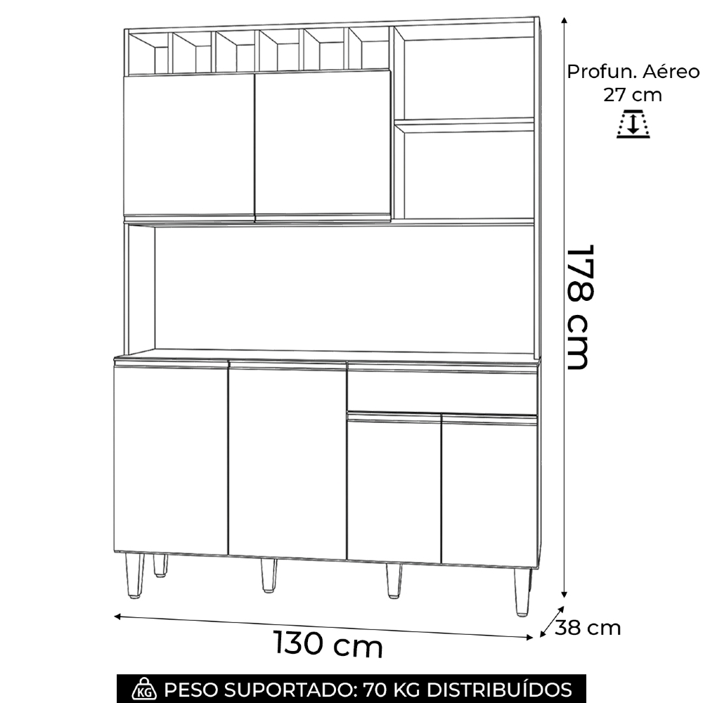 Kit Cozinha Compacta 130cm Com 6 Portas 1 Gaveta Alice Preto Fosco - AJL Móveis