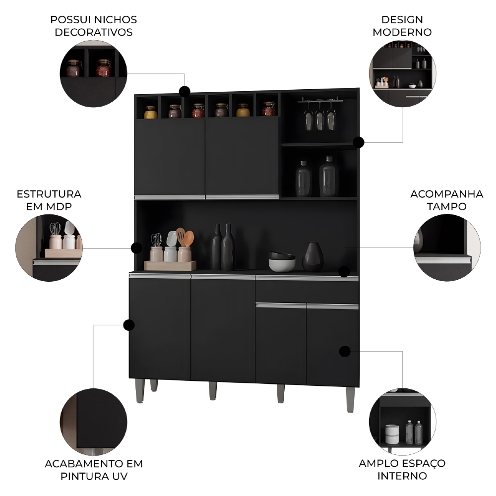 Kit Cozinha Compacta 130cm Com 6 Portas 1 Gaveta Alice Preto Fosco - AJL Móveis